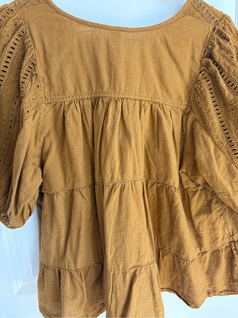 Old Navy Mustard Crochet Yoke Tiered Peasant Tunic